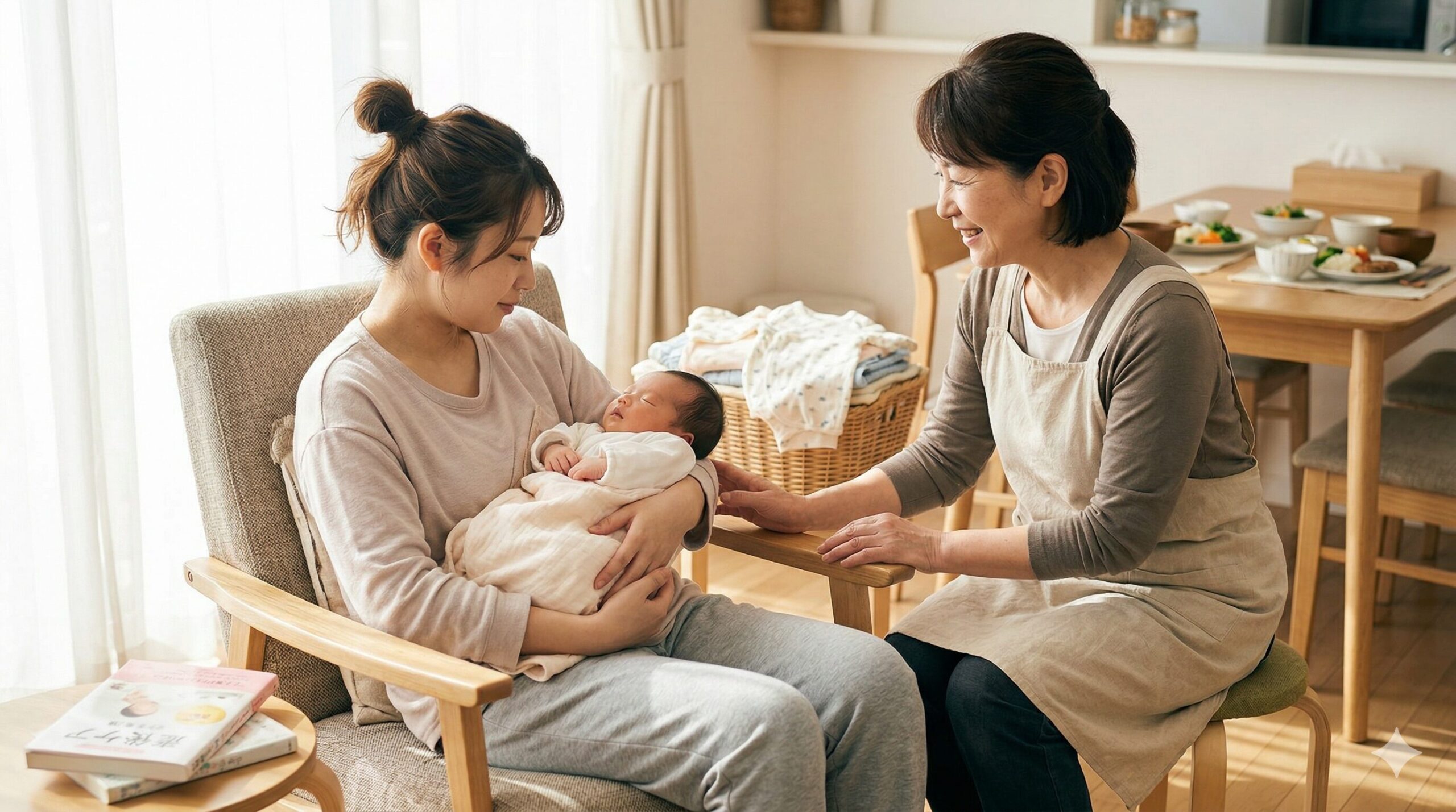 「産後ドゥーラとは？家事育児のプロが母親を支えるメリットと利用料金・選び方を徹底解説」の記事に適した写真のアイキャッチ画像を作成してください。文字入れは不要です。